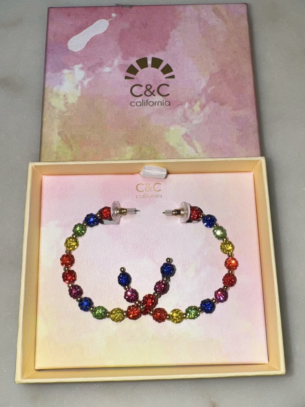 C & C California Gold Tone C-Hoop Earrings With Rainbow Crystal Fireballs NIB